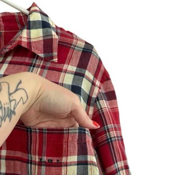 Vintage Lauren Ralph Lauren Linen Plaid Button Up Top Women’s 2X Initial Logo - Picture 5 of 6